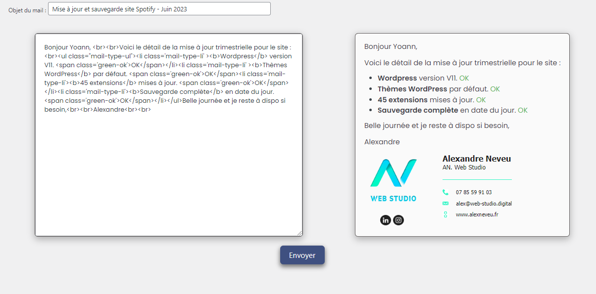Capture d'écran d'un système d'automatisation d'envoie de mail