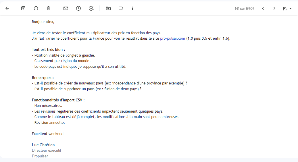 Capture d'écran du feedback du client de mon maître de stage