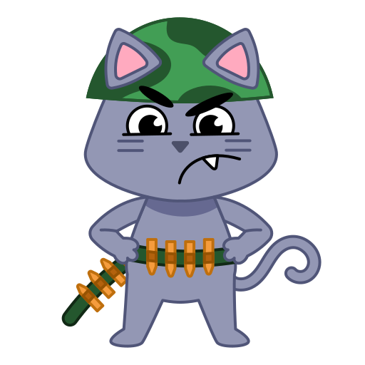 Chaton avec un casque de soldat et des munitions autour de la taille